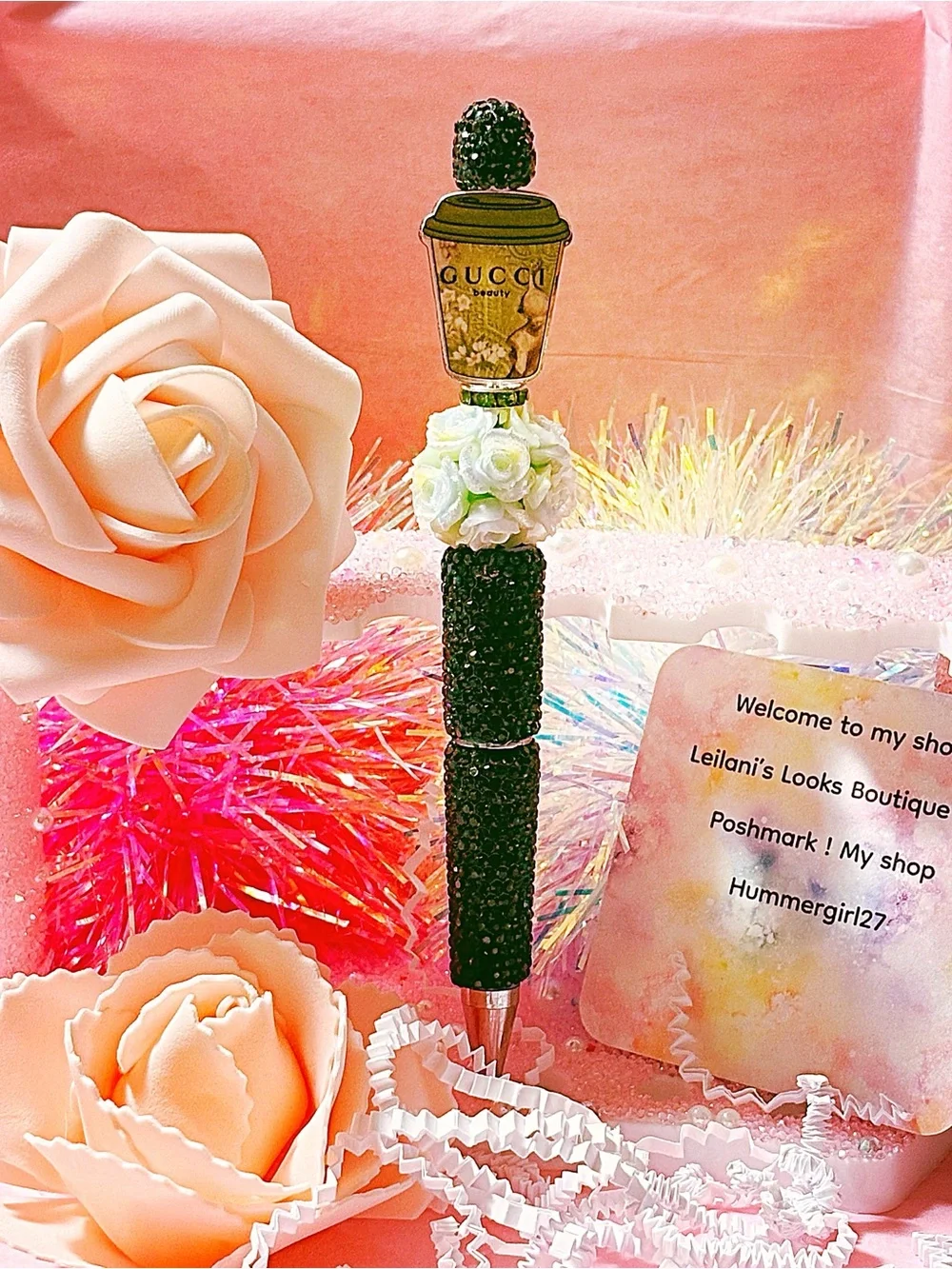 Fancy beaded Pen/gifts/tea cup/green flowers/